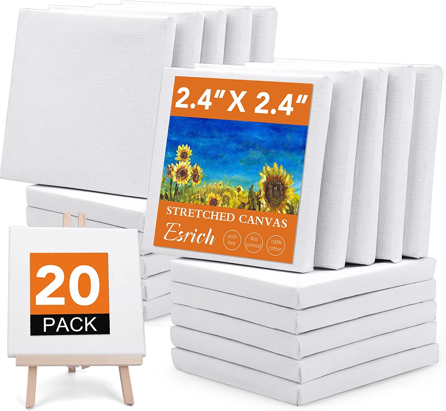 Mini Stretched Canvas 20Pack 2.4*2.4Inch,2/5''Profile Art Primed Canvases  for Painting,100% Cotton Small Professional Stretched Canvas for Kids and  Art Supplies,For Acrylics,Oils&Other Painting
